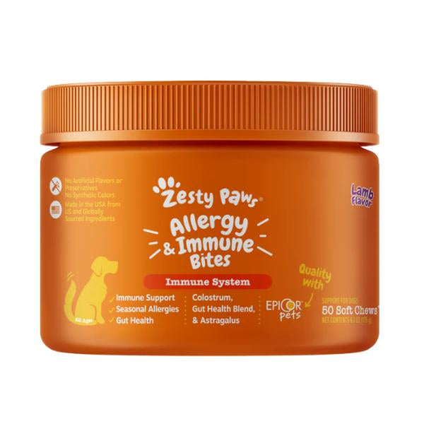 Zesty Paws Allergy & Immune Bites for Dogs Gut Health, Soft Chew Dog Treats Immune Support Supplement